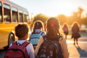 Crianças indo para a escola com segurança, representando o curso de transporte escolar em Belo Horizonte.