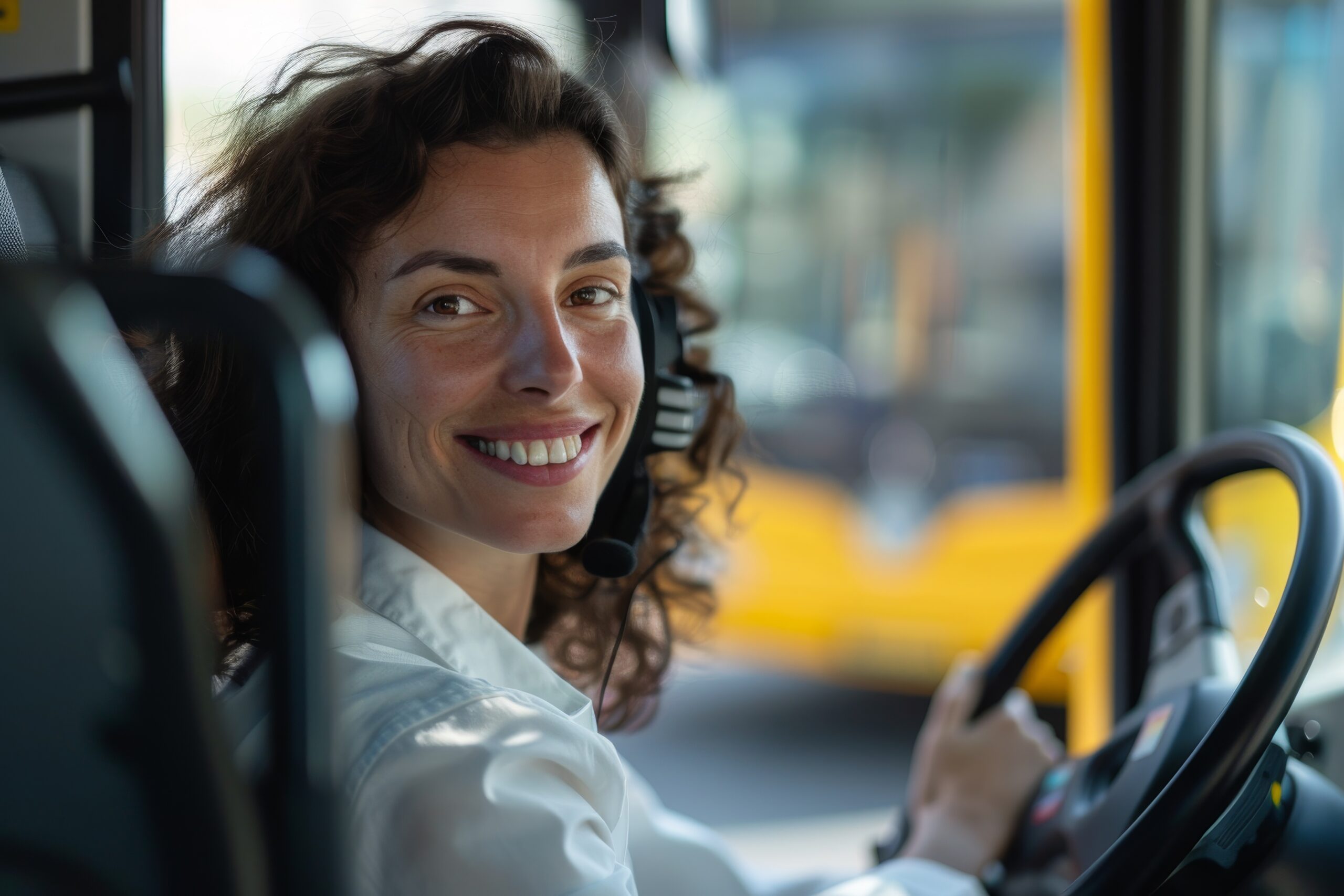 Mulher ao volante de veículo escolar após concluir o curso de transporte escolar em Belo Horizonte, pronta para atuar com segurança e responsabilidade.