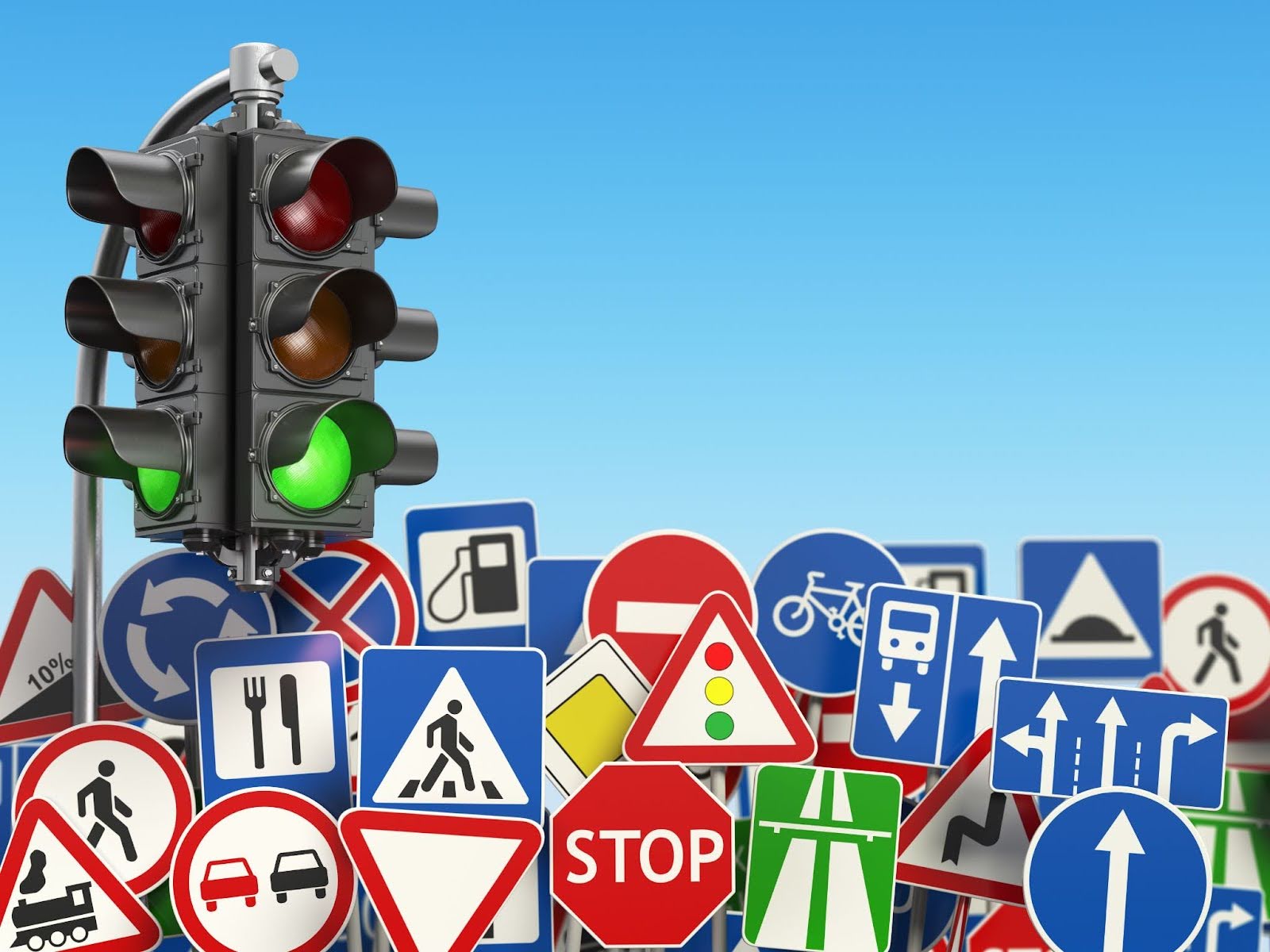 Imagens de placas e semáforo que ilustram a discussão sobre lei de trânsito.