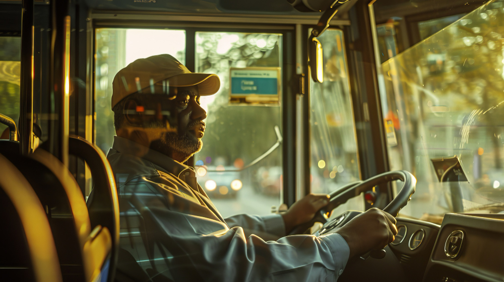 Motorista de ônibus dirigindo após concluir o Curso Online Transporte Coletivo de Passageiros em Curitiba.